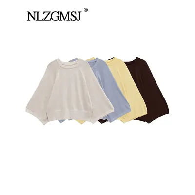 NLZGMSJ 2025 automne nouveau haut tricoté évider hauts pullover amples pour les femmes col rond demi manches femmes chandails tricotés