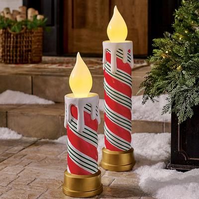Christmas Pre-Lit Porch Candle - Red Green Stripe, Red Green Stripe/30" - Grandin Road