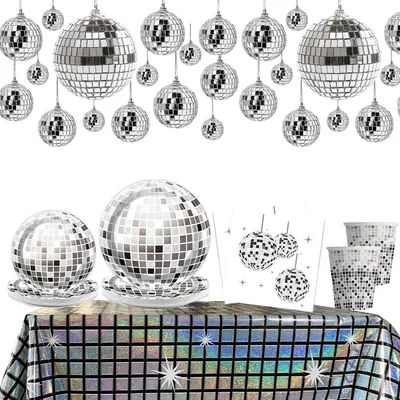 Disco Glitter Ball Disposable Paper Plate Napkin Cake Decor Rainbow Colorful Tablecloth Theme Wedding Birthday Party Supplies