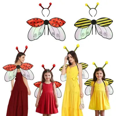 2 Pcs Yellow Bee Red Ladybug Cosplay Wings Halloween Girls Bee Headband Wings Funny Dress Fairy Props Set for Kids Adult