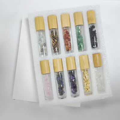 10Pcs 10ml Roll On Bottle Essential Oil Natural Jade Roller Bottles with Crystal Chip Glass Travel Refillable Bottle Containers