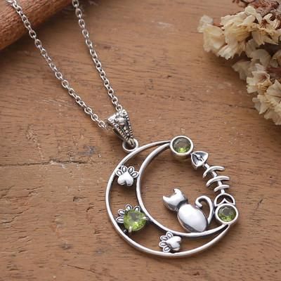 'Cat and Crescent Moon-Themed Peridot Silver Pendant Necklace'