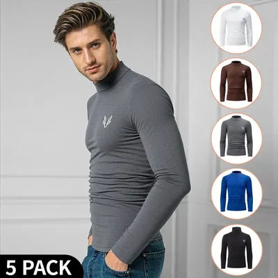 1/2/3/5 Piece Autumn And Winter Men Solid Color Mid Neck Various Combinations Warm Top Youth Plus Size Sports Long Sleeved Shirt