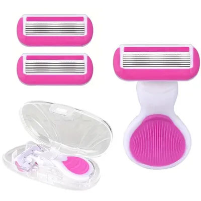 Ladies Pink 6 Layer Portable Shaver Travel Kit Mini Razor Hair Removal Tool with Soap Shell Compact Design