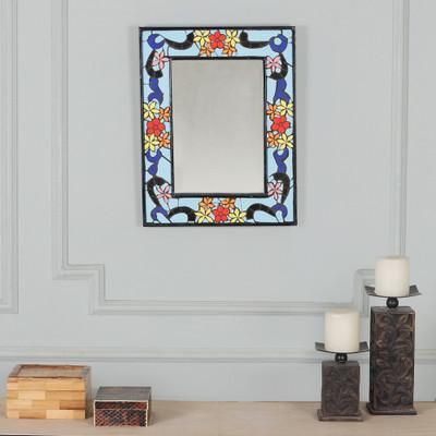 'Spring-Themed Handmade Blue and Orange Ceramic Mosaic Mirror'
