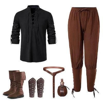 Medievale Rinascimento 17° secolo Lunghezza media Blusa / Camicia Costume Cosplay A stivale Pirata Cavaliere Vichingo Cavaliere Celtico Coulisse Tinta unita Costume Per uomo Vichingo Fantasia