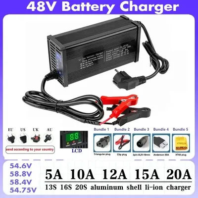 High-power 48V 5A 8A 10A 12A 15A 20A Electric Vehicle Lithium Battery Charger 13S 14S 16S 54.6V 58.8V 58.4V 54.75V LCD Display