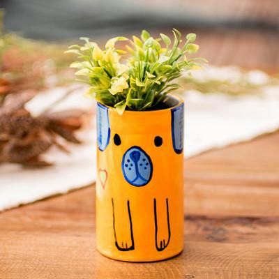 'Hand-Painted Ceramic and Utensil Pen Holder with Dog Motif'