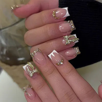 24 pièces faux ongles carrés courts français 3D arc conception portable couverture complète pointe d'ongle paillettes bord artificiel presse sur faux ongles Art