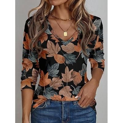 Per donna Maglietta Floreale Grafico Piante Vintage Elegante Classico Manica Lunga Scollo a V Top Regolari Quotidiano Stampato Blu Arancione Marrone Cachi Primavera Autunno Inverno