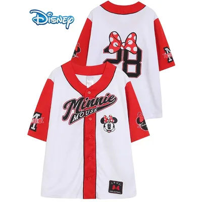 Disney Minnie Mouse Cartoon Print Embroidery Contrast Color Blouse Women V-Neck Single-breasted Baseball Jersey Quick-dry Tops