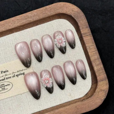 10 pièces 3D fleur conception faux ongles oeil de chat français amande couverture complète faux ongles conseils Nail Art portable détachable presse sur les ongles