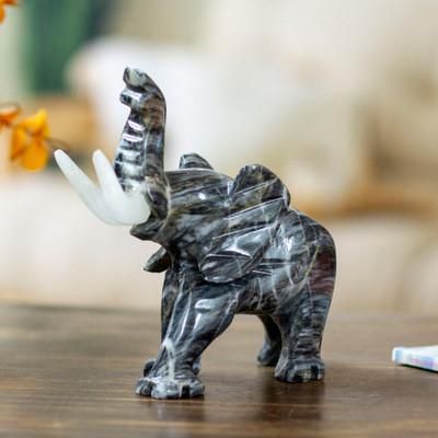 Grey Trunk Charm,'Grey Marble Elephant Sculpture for Tabletop Desk Bookshelf'