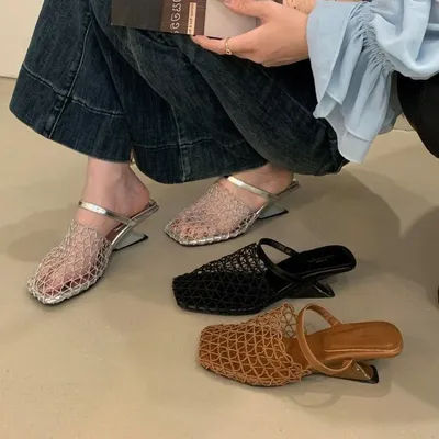 Tissage maille femmes talons hauts sandales creux talons hauts chaussures femme bout carré Slingback sandales 2025 été tendance plage pompes