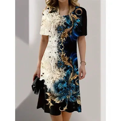 Women's Summer Casual Short Sleeve Dress Plant Print Pattern Women's Dress Fashion Party Banquet Dress Dress Y2k Ladies Clothes