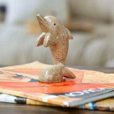 'Dolphin-Themed Natural Marble Figurine in an Earthy Palette'
