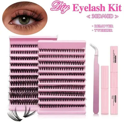 200pcs Lash Clusters DIY Eyelashes Extensions Kit 30D/40D False Eyelashes Makeup Tools Eyelash Glue&lashes＆Tweezers