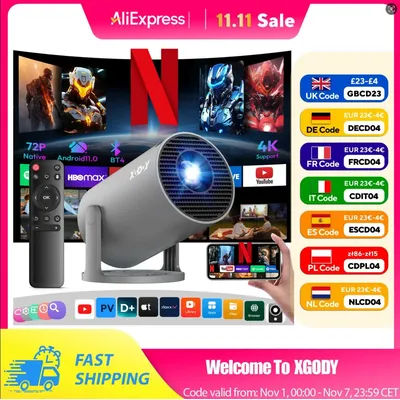 XGODY Mini Projector 4K Wifi6 Android Beamer ​200 ANSI Dual WIFI Short Throw BT5.4 1280*720P Home Theater Outdoor Portable