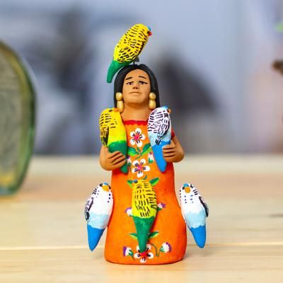 Woman with Parrots,'Ceramic Sculpture of Woman in Mexican Attire with Parrots'