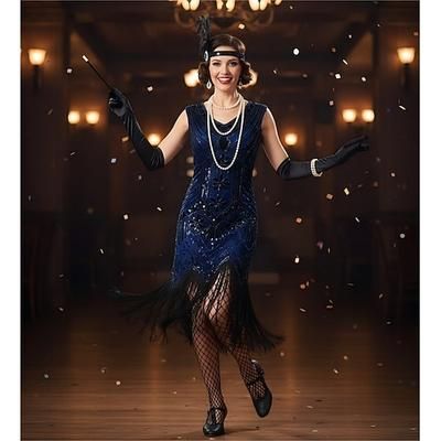 Set Anni Ruggenti Anni 1920 Lunghezza al ginocchio Abito Flapper Abito da cocktail Costume di fantasia con accessori Senza maniche Il grande Gatsby Ragazza Flapper Paillettes Frangia con nappe Scollo