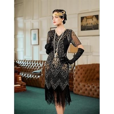 Set Anni Ruggenti Anni 1920 Lunghezza al ginocchio Abito Flapper Abito da cocktail Costume di fantasia con accessori Maniche corte Il grande Gatsby Ragazza Flapper Paillettes Frangia con nappe Scollo
