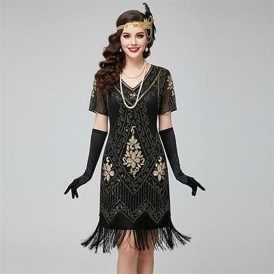 Set Anni Ruggenti Anni 1920 Abito Flapper Abito da cocktail con accessori Il grande Gatsby Ragazza Flapper Paillettes Frangia con nappe Frangia di nappa Con lustrini Costume Per donna Costume