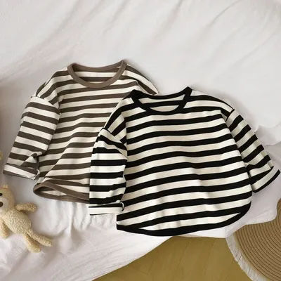 Spring Autumn New Children Casual T Shirt Loose Kids Striped T Shirts Soft Warm Tee Boys Girls Long Sleeve Tops Baby Clothes