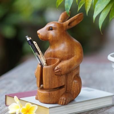'Handcrafted Bunny-Themed Suar Wood Pen Holder Made in Bali'