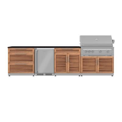 NewAge Outdoor Kitchens Stainless Steel 7-Piece Cabinet Set with 3-Drawer, Bar, Grill Cabinet, Platinum Grill, Countertop, and Fridge