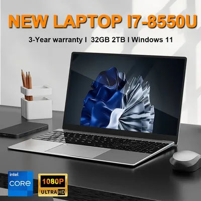 HOT 15.6 Inch Portable Laptop Intel Core i7 8550U 32GB 2TB SSD Computer PC Windows11 Office Laptops Fingerprint Unlock Notebook