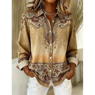 Per donna Camicia Blusa Grafico Geometrico Paisley Bohemien Vintage Tropicale Manica Lunga Colletto a Camicia Top Regolari Quotidiano Patchwork Bottoni Stampato Arancione Verde Cachi Primavera