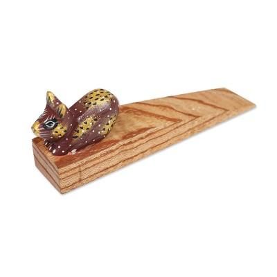 Feline Entrance,'Handcrafted Jempinis Wood Door Stop with Painted Cat'