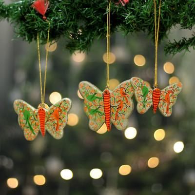 'Butterfly-Themed 3-Piece Wood Ornament Set Painted by Hand'