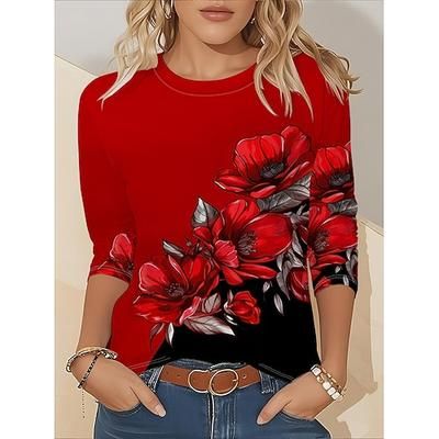 Per donna Maglietta Floreale Grafico Piante Vintage Moda Elegante Manica Lunga Girocollo Top Regolari Quotidiano Weekend Stampato Vino Autunno Inverno