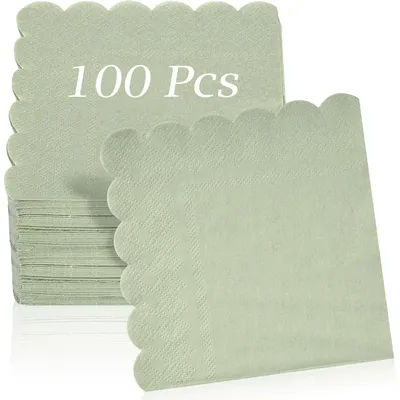 100 Pcs Cocktail Napkins, 2-Ply 5 x 5 Inches Disposable Scalloped Napkins, Thick Premium Dessert Napkins for Party, Wedding