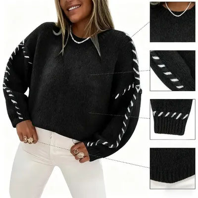 Cozy Oversized Sweater with Contrast Stitch Detail Loose - Fit Knitwear for Autumn & Winter Casual Outfits