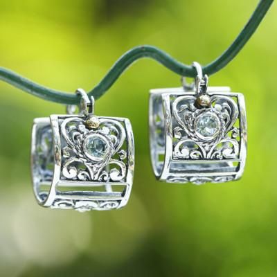 Gracious Garden,'Silver Hoop Earrings with Blue Topaz and 18k Gold Accents'