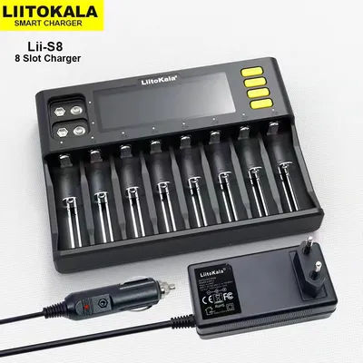 LiitoKala Lii-S8 Smart Charger 8-Slot + 2x9V for Li-ion/Ni-MH/AA/AAA - Auto Current LCD Display CE Certified