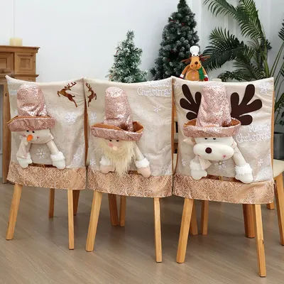 Housse de chaise de noël, fournitures de décoration pour la maison, nouvel an, housse de siège de chaise Beige 3D, père noël, bonhomme de neige, élan, couverture arrière de chaise