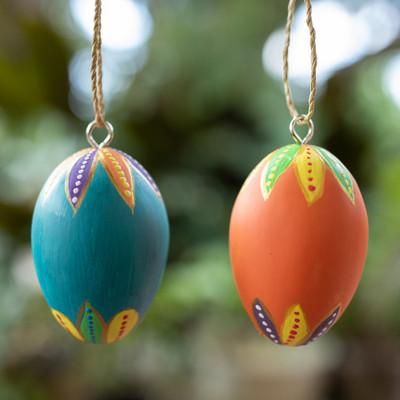 '2 Colorful Hand-Carved Painted Wood Egg Christmas Ornaments'