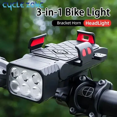 3-in-1 Bicycle Front Light with Horn & Phone Holder 6 LED Bike Light 2400mAh Bike Headlight Flashlight for Night Safety Riding