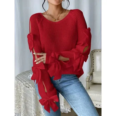 Fashionable bow details hollowed out raglan sleeves knit sweater round neck minimalist sweater