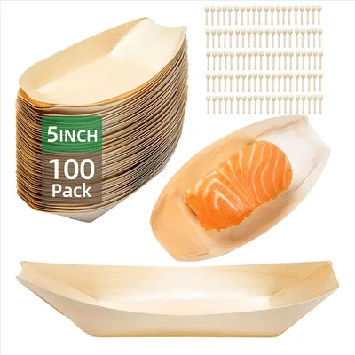 【People Favorite】100 Set Wooden Disposable Food Boats Dessert Plates Food Trays Boat Plates Disposable Plates