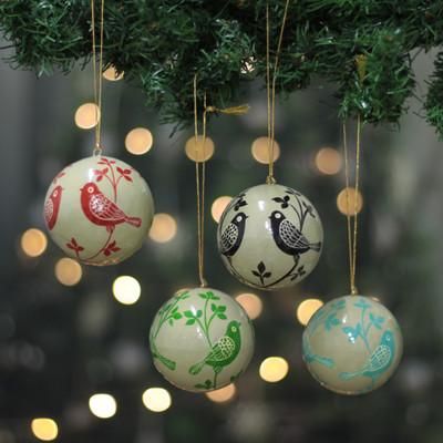 'Set of 4 Bird Nature-Themed Papier Mache Christmas Ornaments'