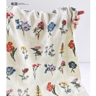 Colorful Plant Embroidery Checkered Fabric for Diy Sewing Fashion Dress Bag Clothing Fabrics Cloth Rayon Material
