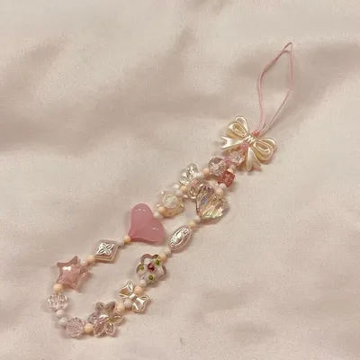 Korean Version Of The Lovely Pink Cherry Blossom Love Bow Beads Phone Chain Bag Lanyard Keychain Charm Backpack Charm Gift