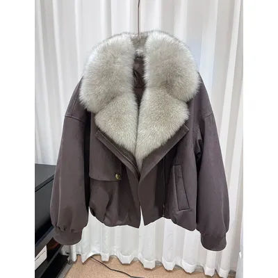 2025 New Winter Natural Fox Fur Collar Goose Down Jacket Women Motorcycle Suit Luxury Puffer Jackets Clothing Hot Sale