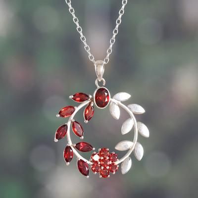 'Floral and Leaf-Inspired Garnet and Silver Pendant Necklace'