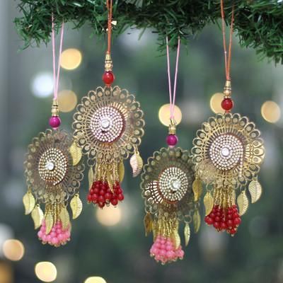 Glittering Beauty,'4 Iron Beaded Christmas Ornaments with Jali Openwork Accents'