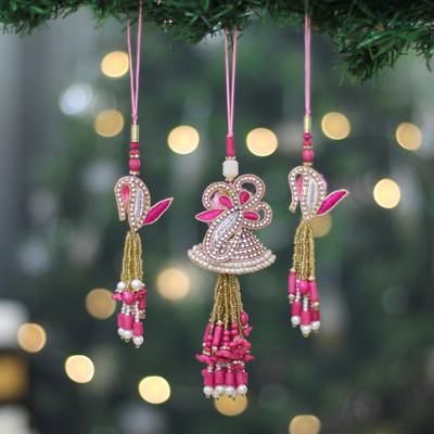 '3 Pink Floral Leaf-Themed Cotton Beaded Christmas Ornaments'